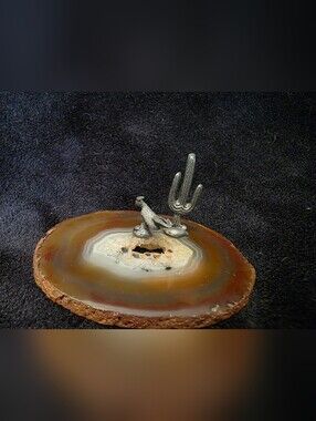 Polished Agate Geode with Metal Cactus and Roadrunner Figures Western Decor Art